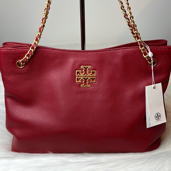 NWT Tory Burch Britton Triple Compartment Redstone Pebbled Leather Tote - Picture 1 of 16